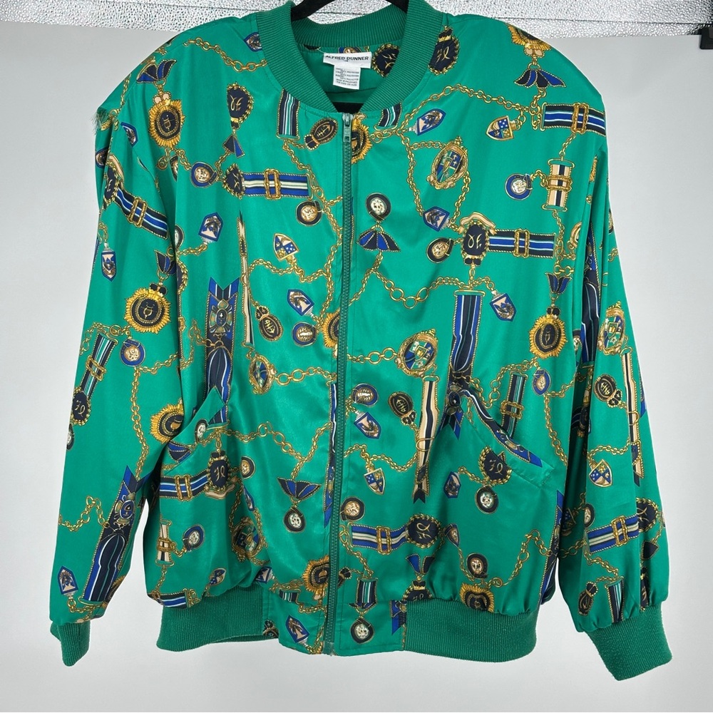 Alfred Dunner Green Bomber Jacket with Gold and Blue Accents